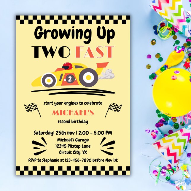 2nd Birthday Growing Up Two Fast Yellow Race Car Invitation (Creator Uploaded)