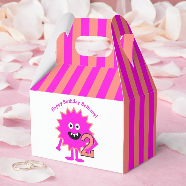 2nd Birthday Hot Pink Monster Girl Cute Fun Stripe Favour Box (Wedding)