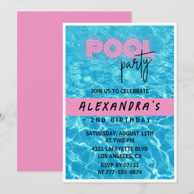 2nd birthday invitation for her Pool Party Summer (Front/Back)