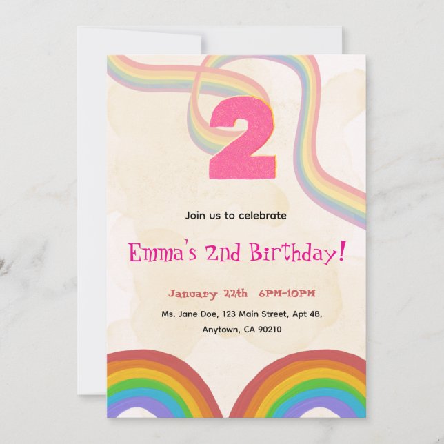 2nd Birthday Invitation Girl Editable Rainbow (Front)