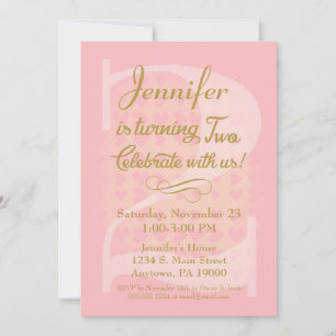 2nd Birthday Invitation Girls Pink Gold Hearts