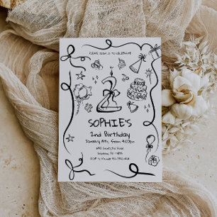 2nd Birthday Invitation, Hand Drawn 2nd Birthday  Invitation