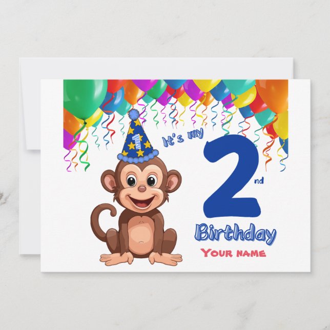 2nd Birthday Invitation, Monkey Party Personalise Invitation (Front)