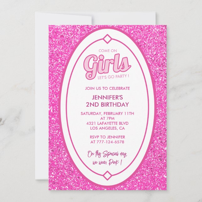 2nd birthday invitation Retro pink glitter (Front)