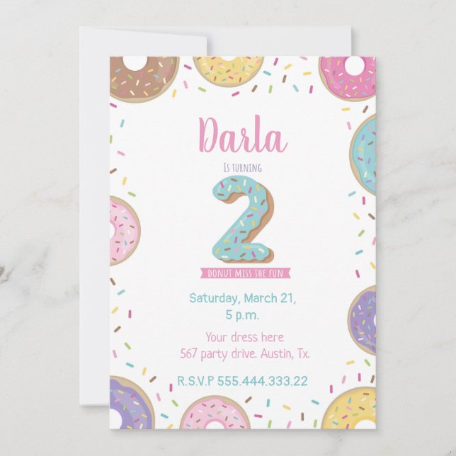 2nd Birthday invitation, sweet doughnut invitation (Front)