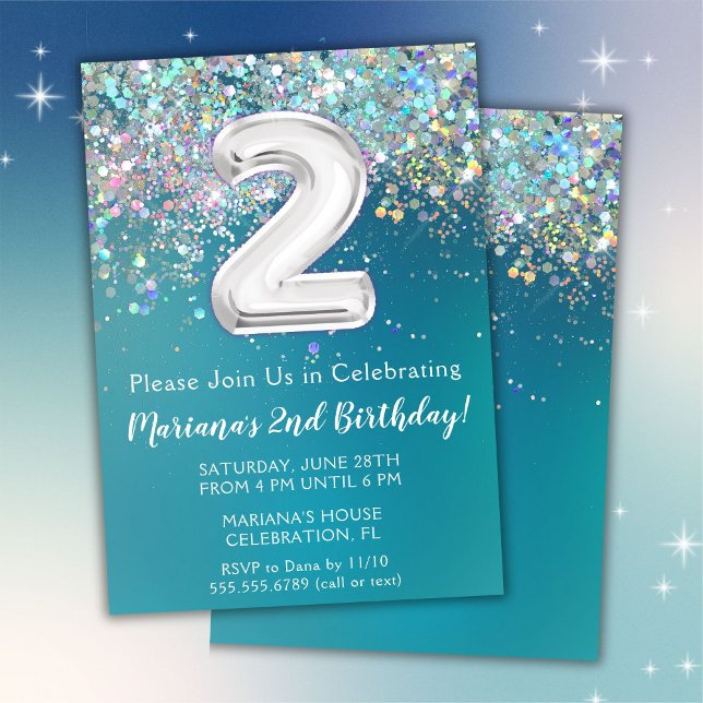 2nd Birthday Invitation Teal Silver Glitter (Creator Uploaded)