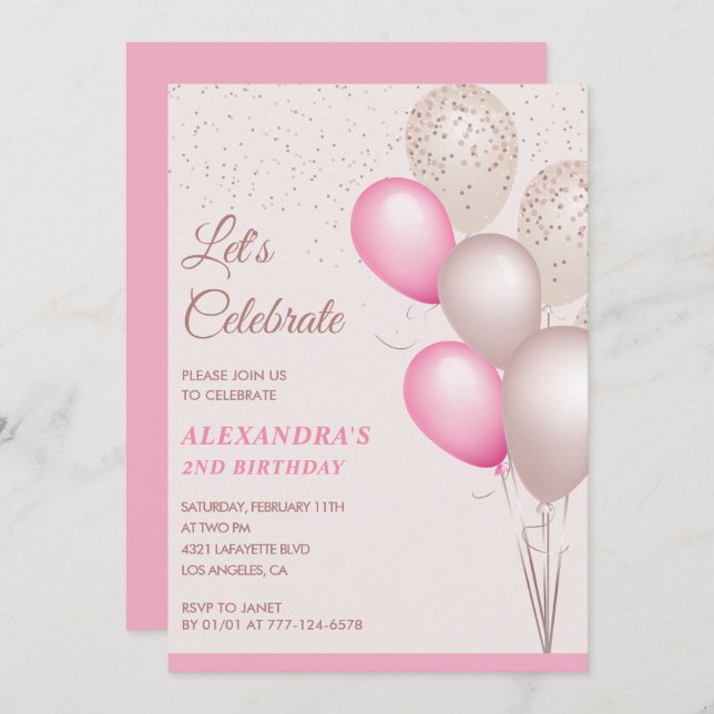 2nd birthday invitations Balloons Pink Confetti (Front/Back)
