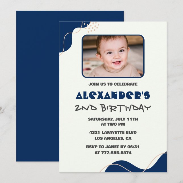 2nd birthday invitations Boy Navy Simple Photo (Front/Back)