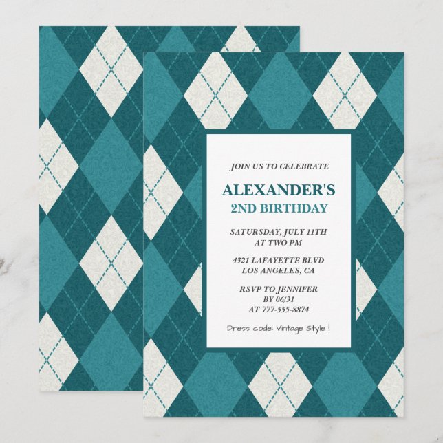 2nd birthday invitations Boy Vintage Blue (Front/Back)