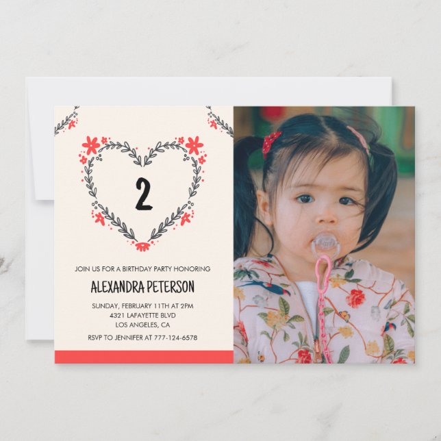 2nd birthday invitations for her Floral Heart (Front)