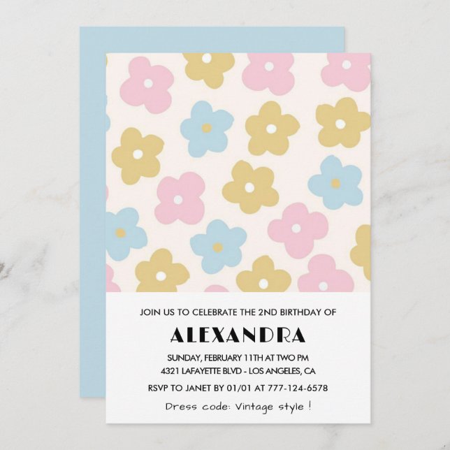2nd birthday invitations Girl Blue Pink Floral (Front/Back)