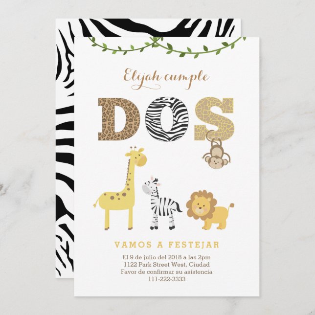 2nd birthday invites in Spanish, Safari-theme (Front/Back)
