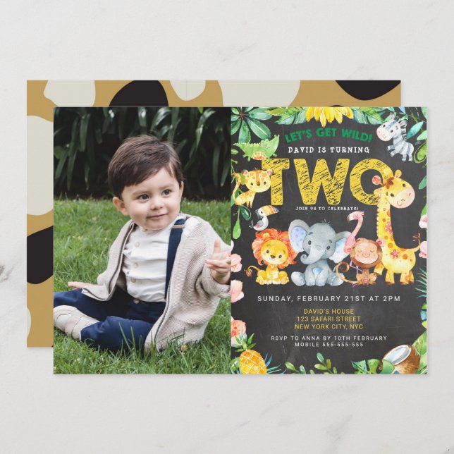 2nd Birthday Jungle Party Safari Animals Photo Invitation (Front/Back)