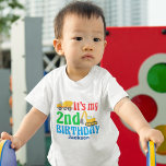 2nd Birthday Kids Construction Vehicle Party Toddler T-Shirt<br><div class="desc">A cute second birthday bodysuit for a toddler kid who likes construction vehicles and trucks. This features a yellow cement mixer and a dinner next to the words It's My 2nd Birthday and your child's name in blue. A great personalised party tee for a little boy into cars.</div>