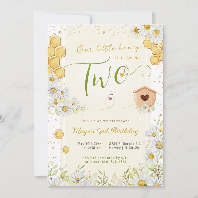 2nd Birthday Little Honey Sweety Bee Girl's Second Invitation (Front)