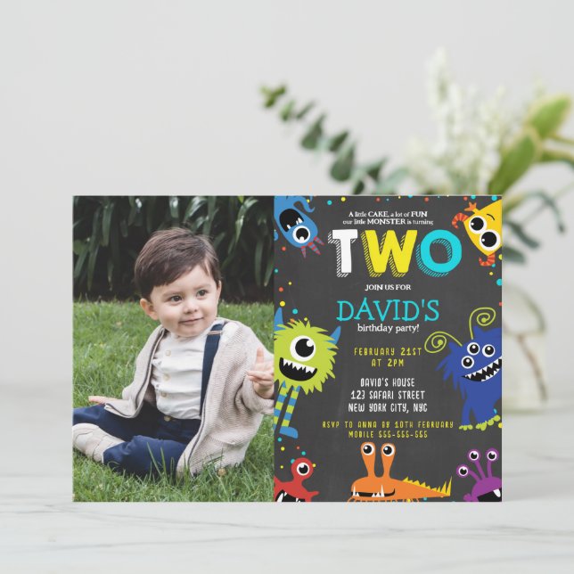 2nd Birthday Little Monster Chalkboard Photo Invitation (Standing Front)