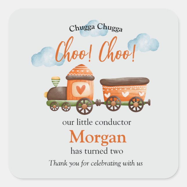 2nd Birthday Lovely Train Watercolor Party   Square Sticker (Front)