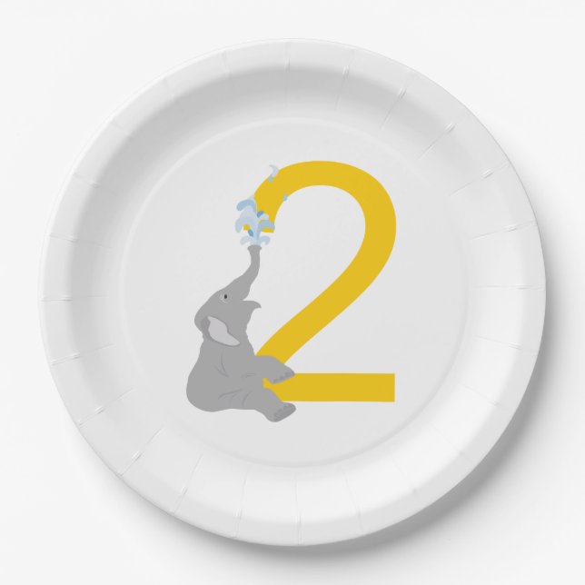 2nd Birthday Modern Grey Elephant Party Plates (Front)