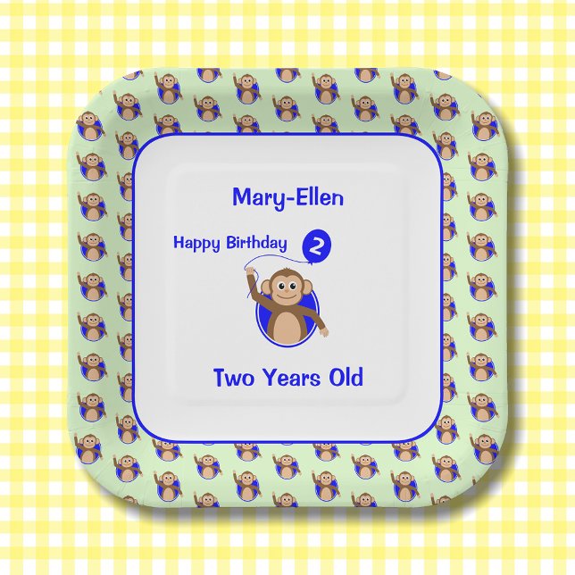 2nd birthday monkey blue balloon paper plate (Creator Uploaded)