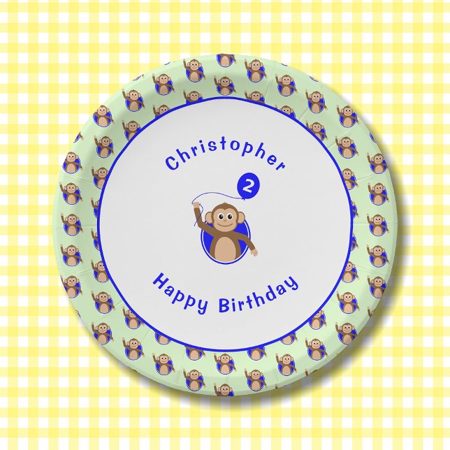 2nd birthday monkey blue green pattern paper plate (Creator Uploaded)