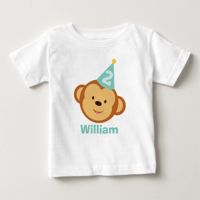 2nd Birthday Monkey Boy with Personalised Name Baby T-Shirt (Front)