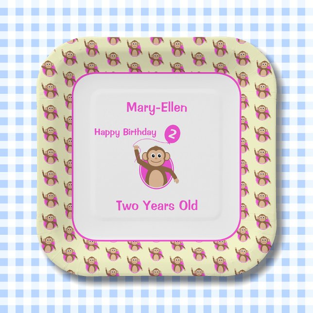 2nd birthday monkey pink balloon paper plate (Creator Uploaded)