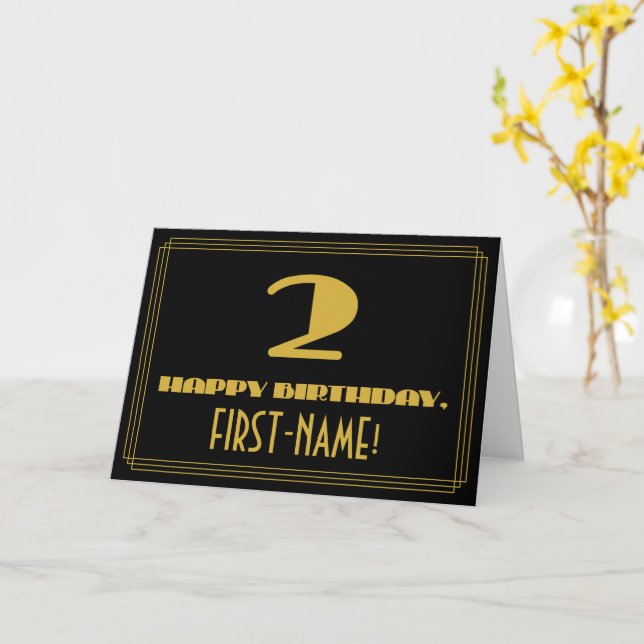 2nd Birthday: Name + Art Deco Inspired Look "2" Card (Yellow Flower)