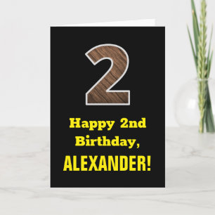 2nd Birthday: Name, Faux Wood Grain Pattern "2" Card
