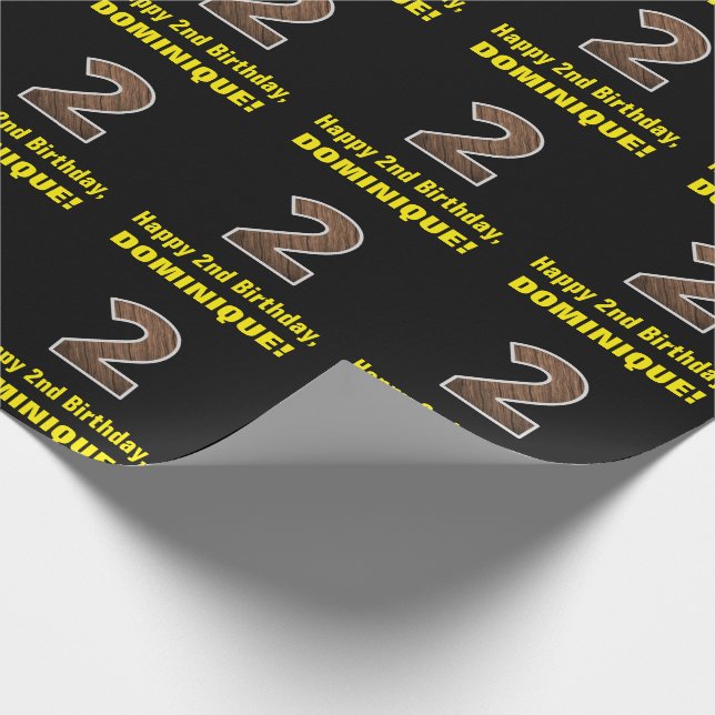 2nd Birthday: Name & Faux Wood Grain Pattern "2" Wrapping Paper (Corner)