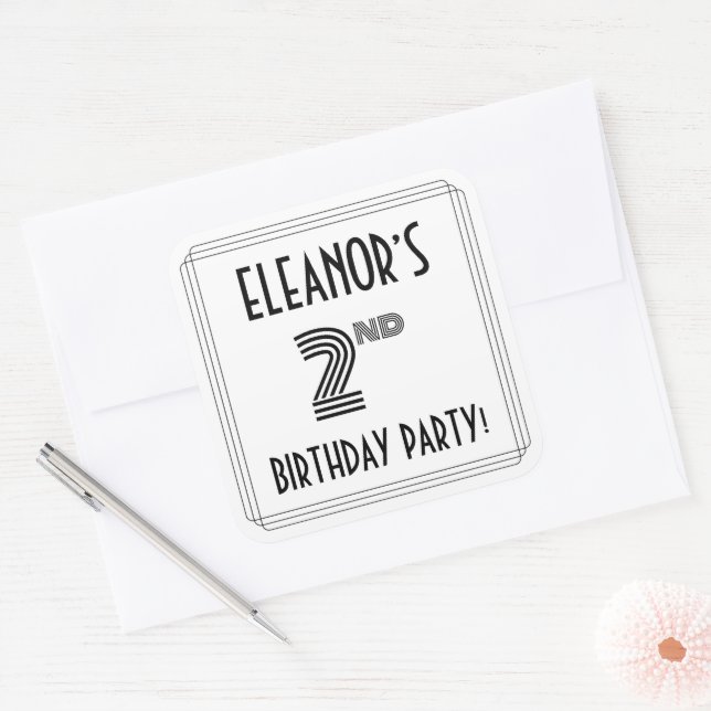 2nd Birthday Party: Art Deco Style + Custom Name Square Sticker (Envelope)