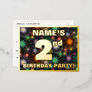 2nd Birthday Party: Bold, Colourful Fireworks Look Foil Invitation Postcard
