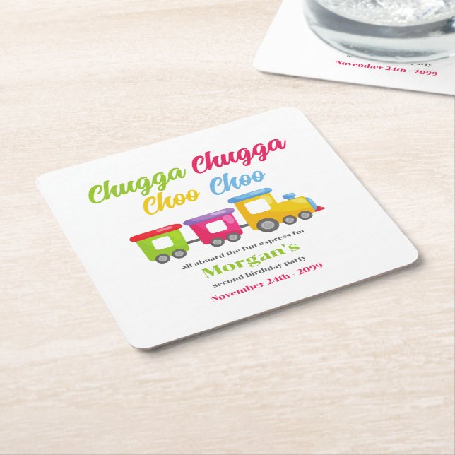 2nd Birthday Party Chugga Choo Colourful Train Square Paper Coaster (Angled)
