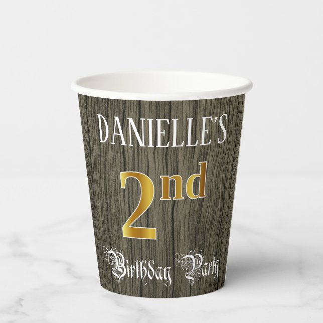 2nd Birthday Party — Faux Gold & Faux Wood Looks Paper Cups (Back)