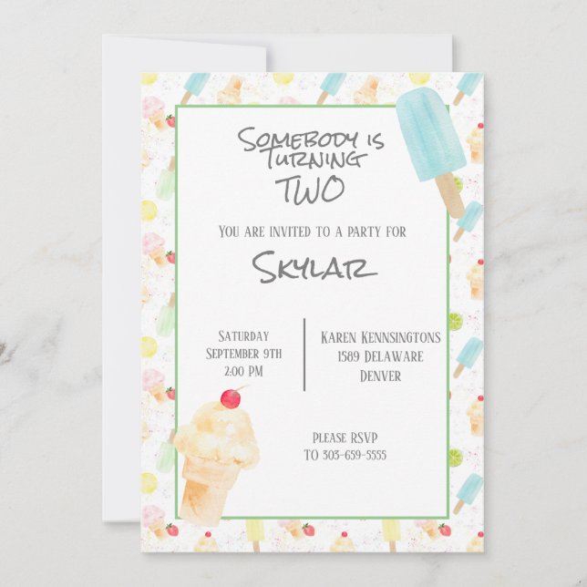 2nd Birthday Party Ice Cream and Popsicles Invitation (Front)