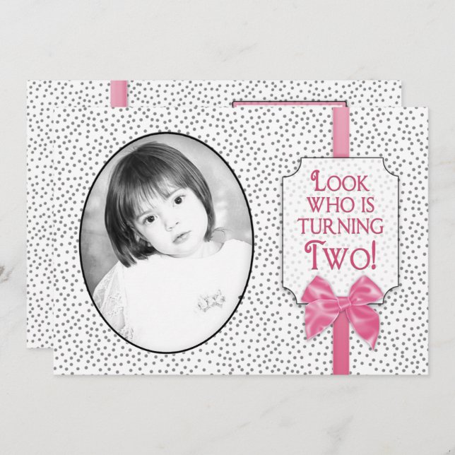 2nd BIRTHDAY Party Invitation -Bows & Polka Dots (Front/Back)
