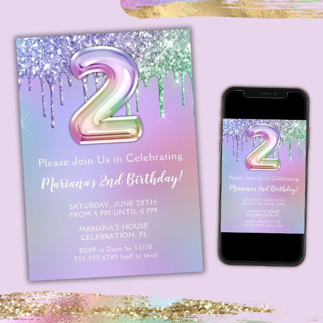 2nd Birthday Party Invitation Purple Pink Glitter (Creator Uploaded)