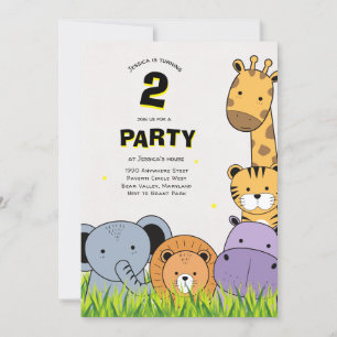 2nd Birthday Party Safari Animals Cute Cartoon Invitation