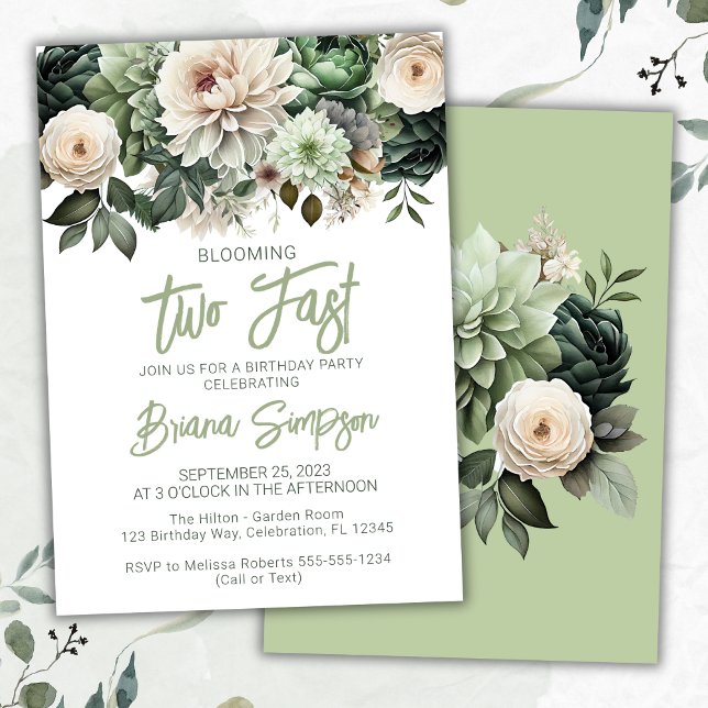 2nd Birthday Party Sage Green Floral Invitation (Creator Uploaded)
