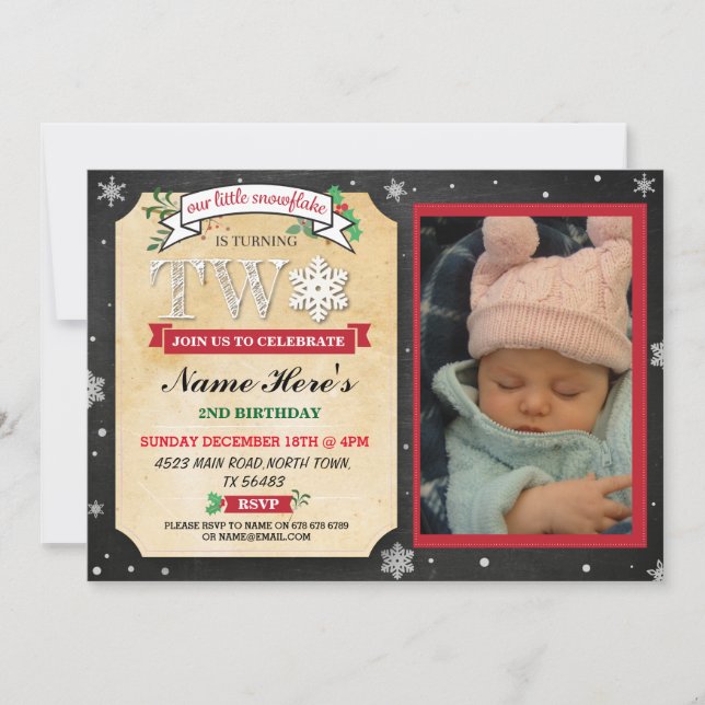 2nd Birthday Party Two Winter Festive Photo Invite (Front)