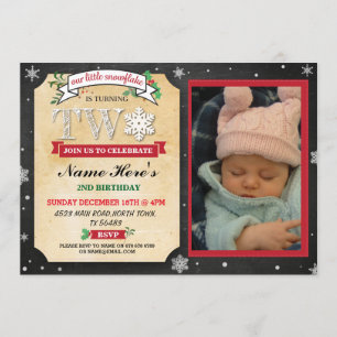 2nd Birthday Party Two Winter Festive Photo Invite