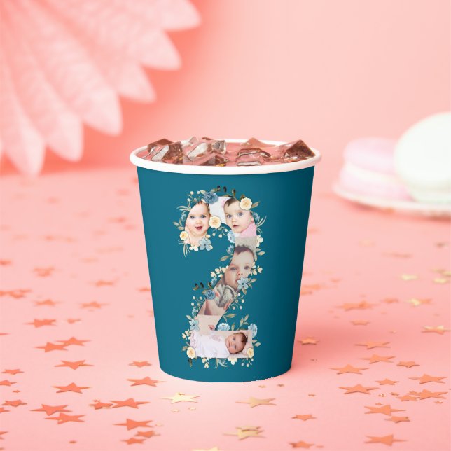 2nd Birthday Photo Collage Blue Yellow Flower Teal Paper Cups (Insitu)
