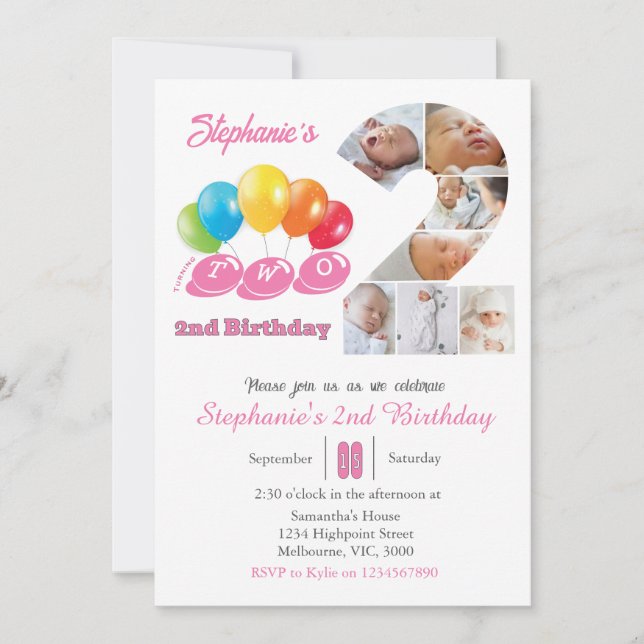 2nd birthday photo collage number 2 Girl Invitation (Front)