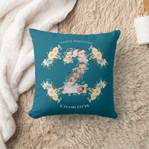 2nd Birthday Photo Collage Teal Blue Yellow Flower Cushion