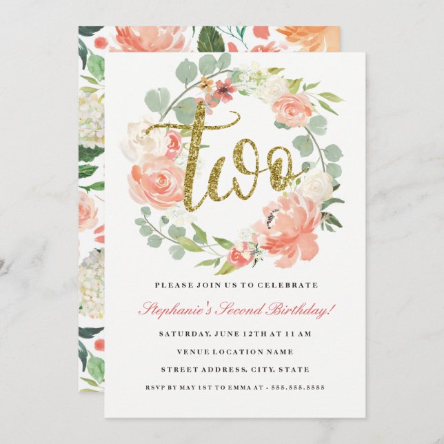 2nd Birthday Pink Gold Floral Wreath Invitation (Front/Back)