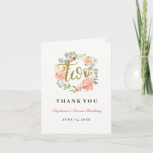 2nd Birthday Pink Gold Floral Wreath Thank You Card