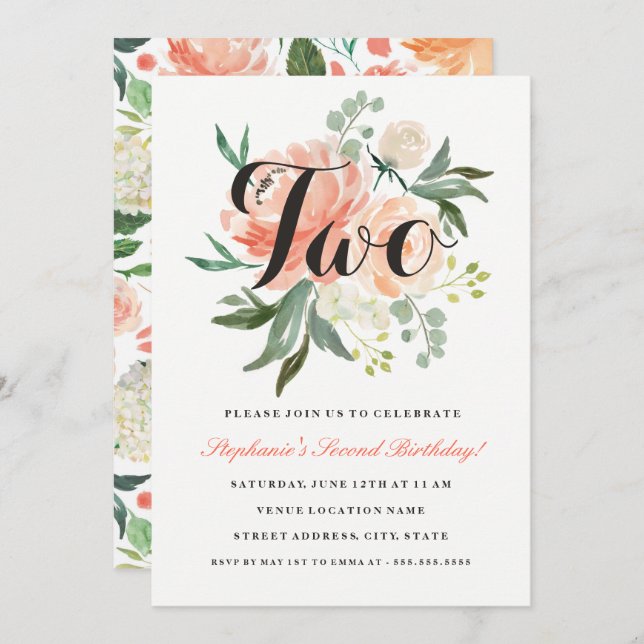 2nd Birthday Pink Peach Floral Two Invitation (Front/Back)