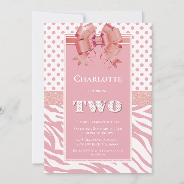2nd Birthday Pink Polka Dot and Zebra Stripe Party Invitation (Front)