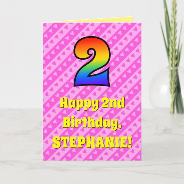 2nd Birthday: Pink Stripes & Hearts, Rainbow # 2 Card (Front)