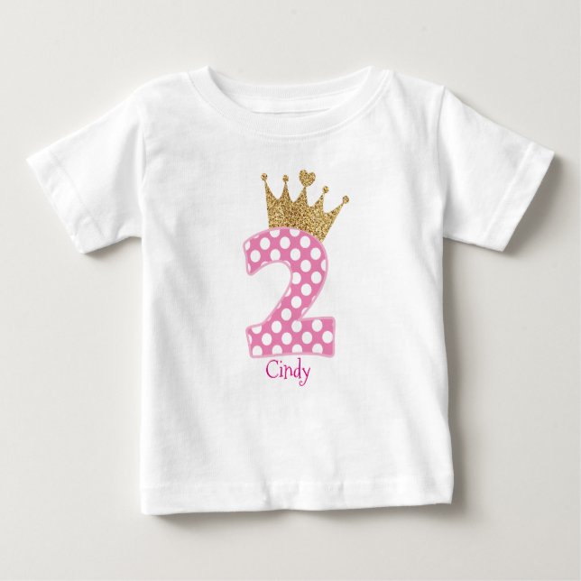 2nd Birthday|Polka Dots|Glitter-Print Crown Baby T-Shirt (Front)