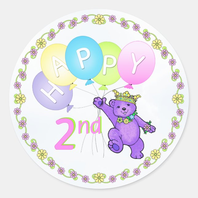 2nd Birthday Princess Bear Happy Classic Round Sticker (Front)
